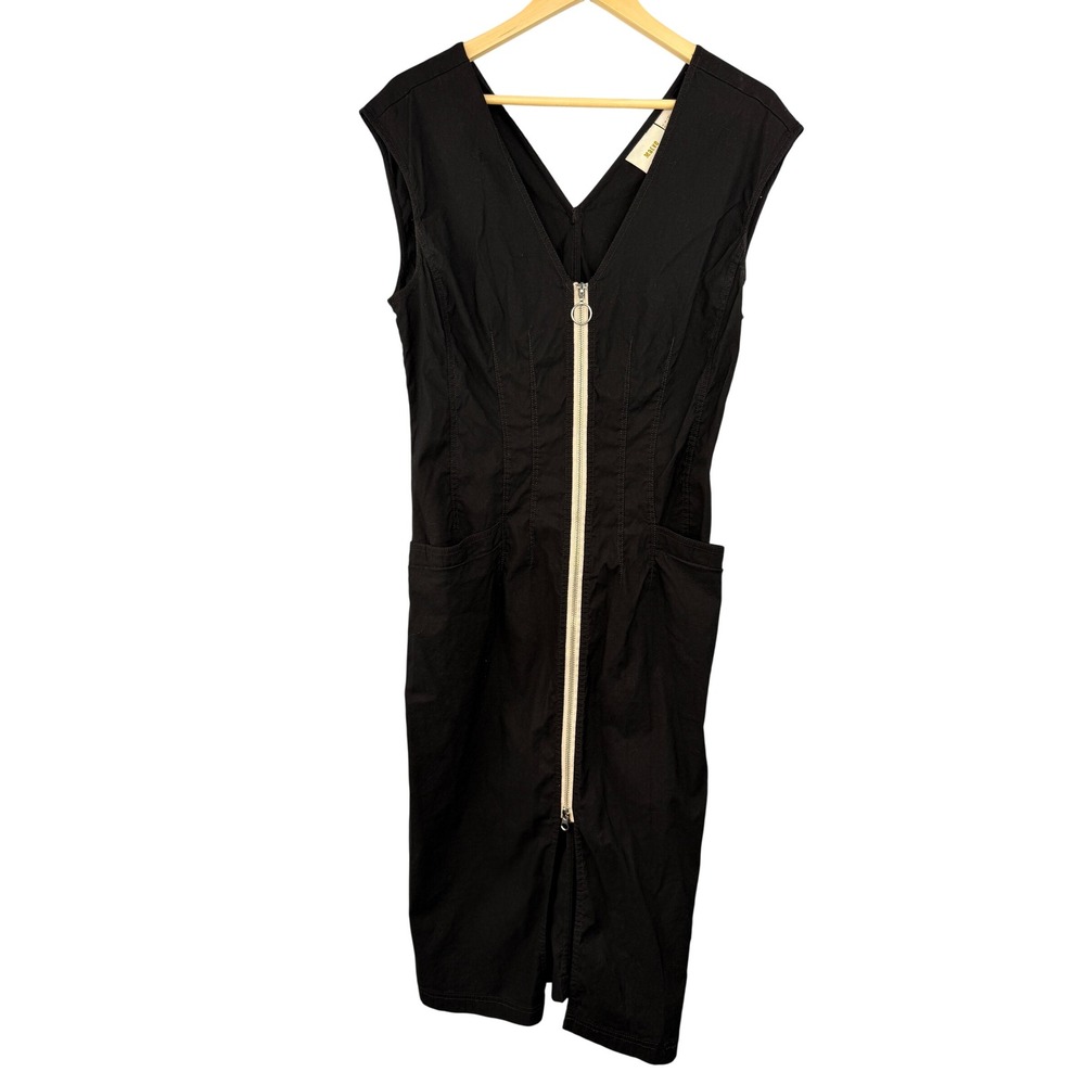 Maeve Anthropologie Black Linen Blend Zip Front Midi Dress Women‎ Size 12 V-Neck